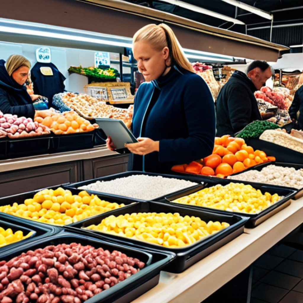 **Image Prompt:** Bustling Swedish marketplace with vendors using data analytics on tablets to manage inventory and personalize offers, reflecting a modern "torghandel" (market trade) scene.